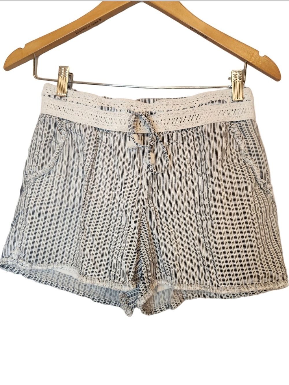 Jolt Blue & White Striped Boho Shorts Crochet Waist & Pom Pom Drawstring Sz: S